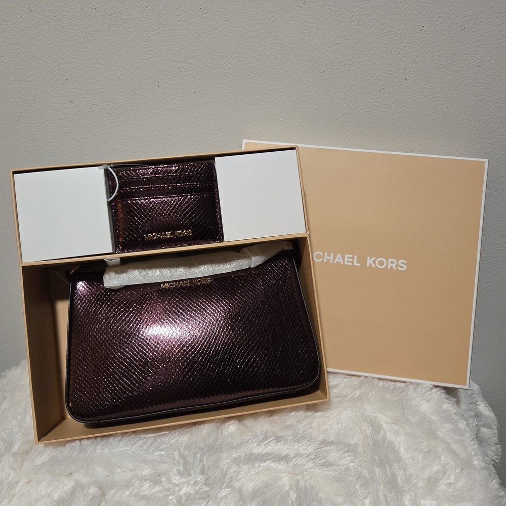 Michael Kors Metallic Wine Clutch and Card Wallet Set